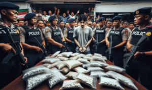 "alt_text": "Operasi penggerebekan jaringan obat keras ilegal di Garut dengan barang bukti disita."