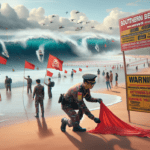 alt_text: Peringatan di Pantai Garut Selatan; ombak besar menghantam pantai berbahaya bagi pengunjung.