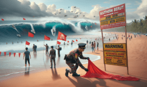 alt_text: Peringatan di Pantai Garut Selatan; ombak besar menghantam pantai berbahaya bagi pengunjung.