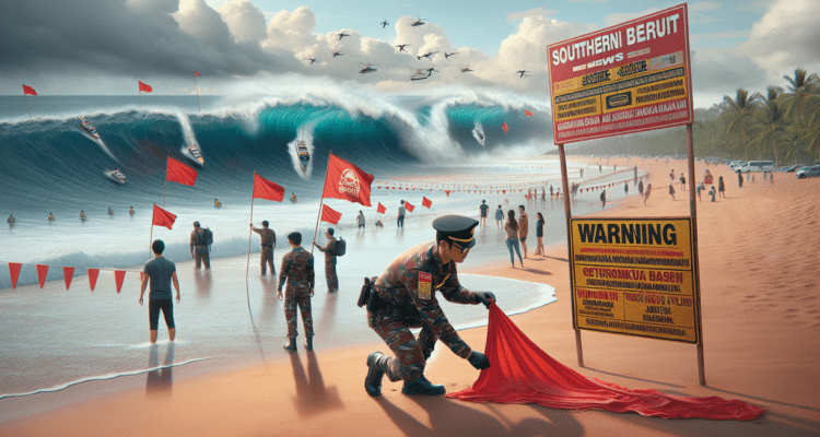 alt_text: Peringatan di Pantai Garut Selatan; ombak besar menghantam pantai berbahaya bagi pengunjung.