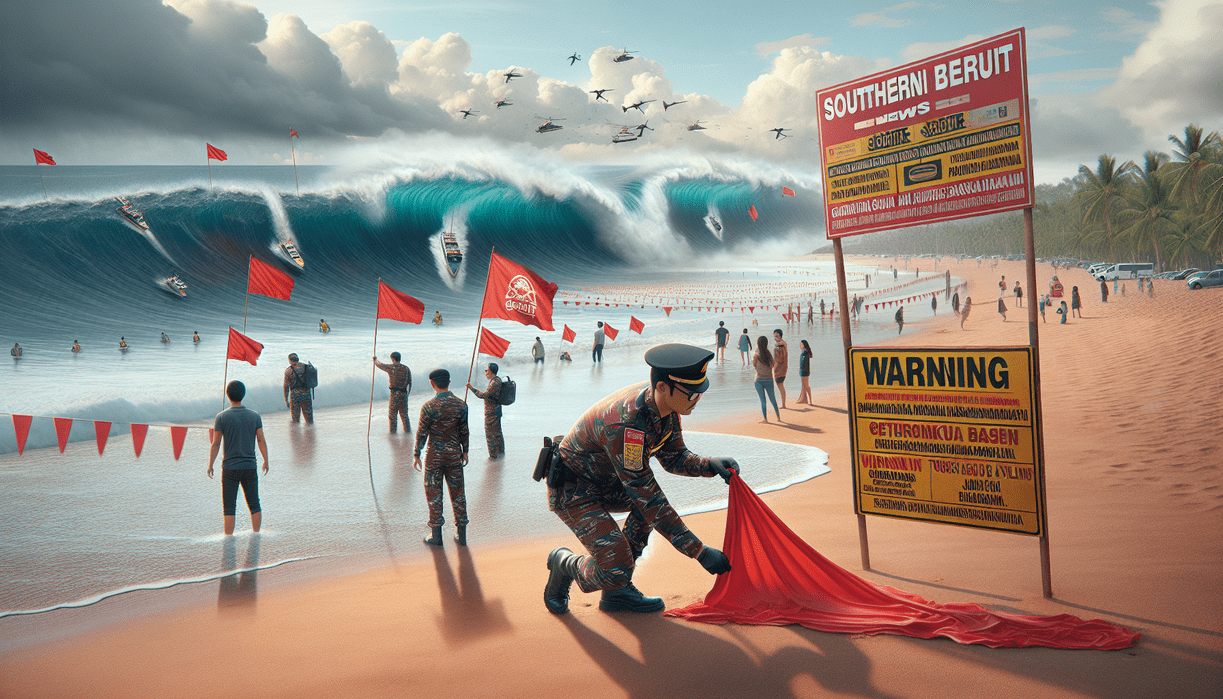 alt_text: Peringatan di Pantai Garut Selatan; ombak besar menghantam pantai berbahaya bagi pengunjung.