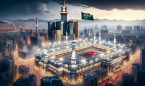 alt_text: Jamaah berkumpul di Makkah saat Ramadhan, menerima 2,3 juta layanan.