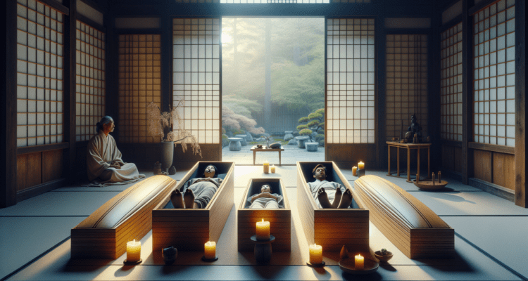 alt_text: Sesi meditasi unik dalam peti mati, tren spa terbaru untuk relaksasi ekstrem.