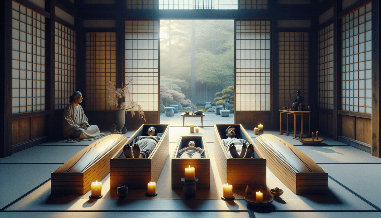 alt_text: Sesi meditasi unik dalam peti mati, tren spa terbaru untuk relaksasi ekstrem.