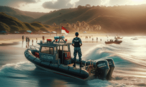 alt_text: Sat Polairud Garut berpatroli, memastikan keamanan di area pantai Selatan.