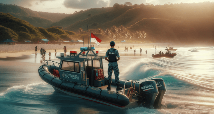 alt_text: Sat Polairud Garut berpatroli, memastikan keamanan di area pantai Selatan.
