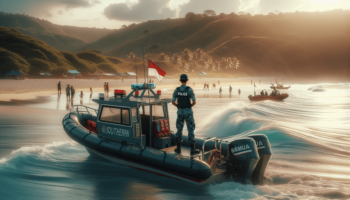alt_text: Sat Polairud Garut berpatroli, memastikan keamanan di area pantai Selatan.
