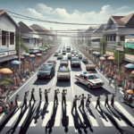 alt_text: Petugas Satlantas Garut mengatur lalu lintas di jalan raya yang padat dan ramai.