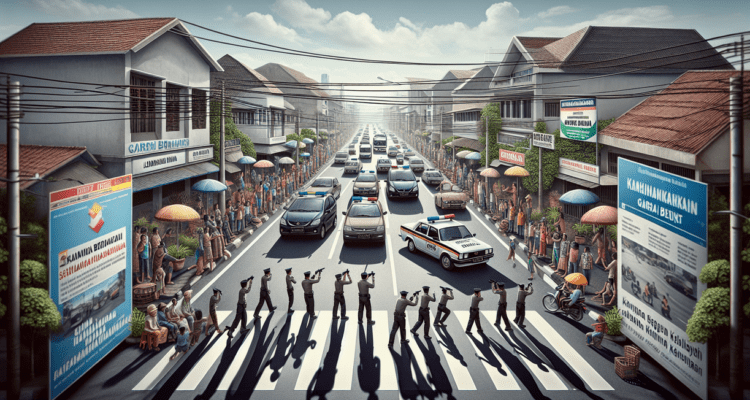 alt_text: Petugas Satlantas Garut mengatur lalu lintas di jalan raya yang padat dan ramai.