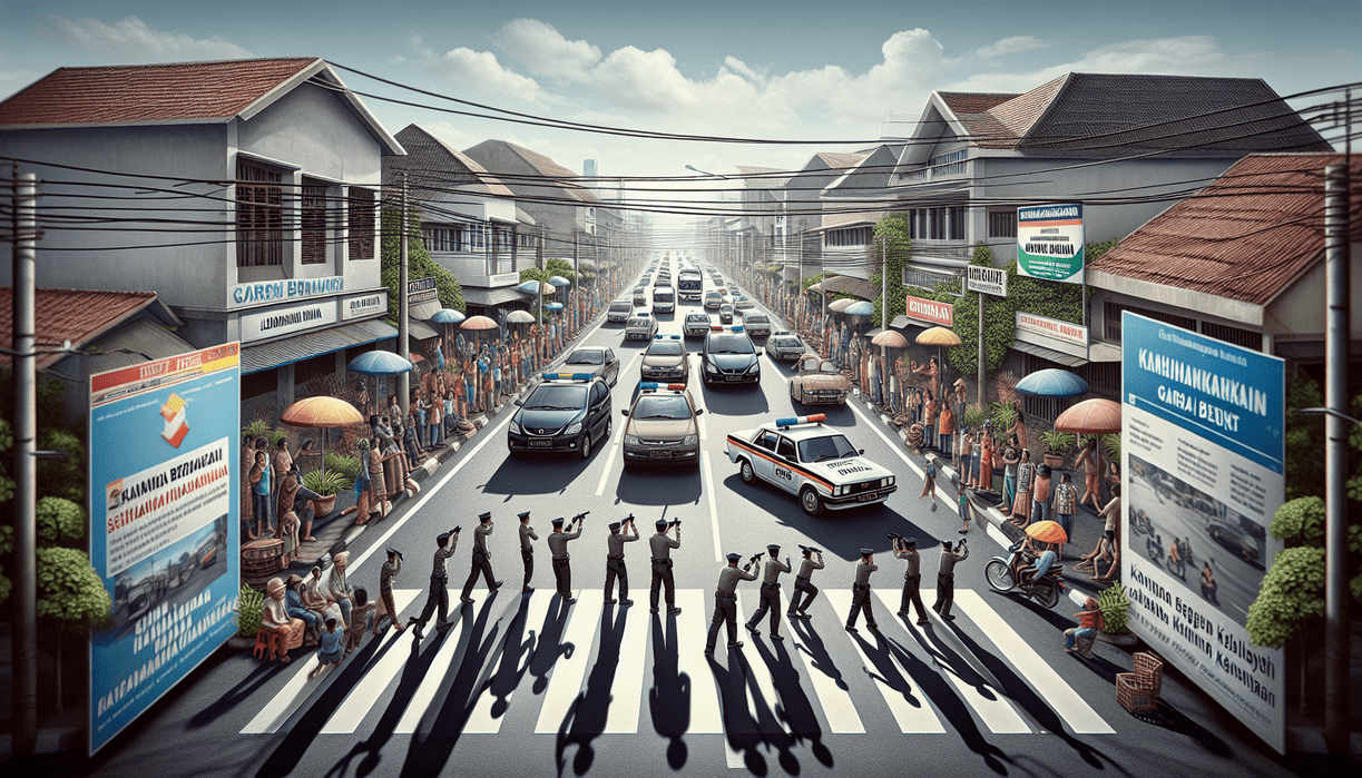 alt_text: Petugas Satlantas Garut mengatur lalu lintas di jalan raya yang padat dan ramai.