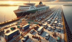 "alt_text": "Pemandangan dari atas arus balik ramai di Pelabuhan Bakauheni dengan strategi pengaturan cerdas."