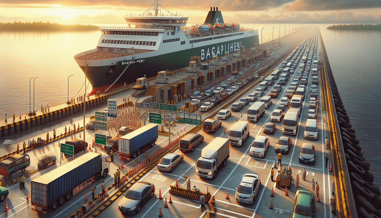 "alt_text": "Pemandangan dari atas arus balik ramai di Pelabuhan Bakauheni dengan strategi pengaturan cerdas."