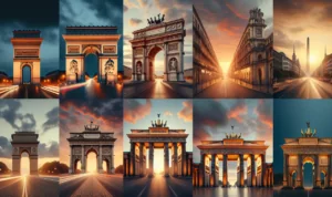 alt_text: Gerbang megah dengan desain modern di pusat kota AS, melambangkan kemenangan dan harapan.