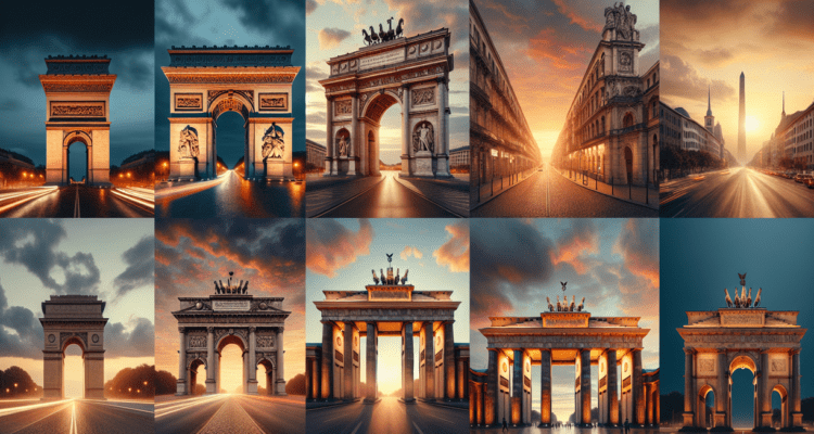 alt_text: Gerbang megah dengan desain modern di pusat kota AS, melambangkan kemenangan dan harapan.