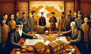 alt_text: Penandatanganan Perjanjian Shimonoseki 1895 antara Jepang dan Tiongkok diakhiri dengan damai.