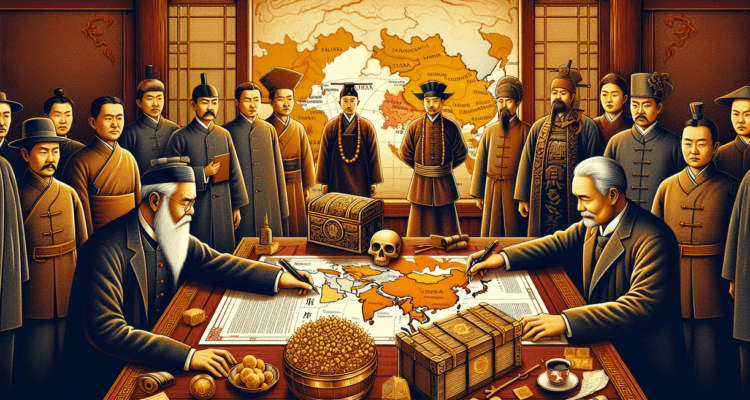 alt_text: Penandatanganan Perjanjian Shimonoseki 1895 antara Jepang dan Tiongkok diakhiri dengan damai.