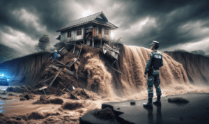 alt_text: Hujan deras memicu longsor di Karangtengah; tebing runtuh peringatkan bahaya alam.