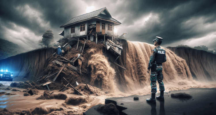 alt_text: Hujan deras memicu longsor di Karangtengah; tebing runtuh peringatkan bahaya alam.