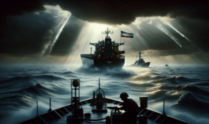 alt_text: Kapal angkatan laut dekatkan diri, menciptakan ketegangan AS-Iran di perairan internasional.