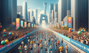 alt_text: Robot humanoid China melompat tinggi dengan latar belakang teknologi era chatGPT.