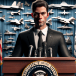 "alt_text": "Ilustrasi ketegangan AS-Iran, Trump dengan tangan di tombol nuklir simbolis."