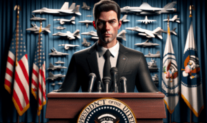 "alt_text": "Ilustrasi ketegangan AS-Iran, Trump dengan tangan di tombol nuklir simbolis."