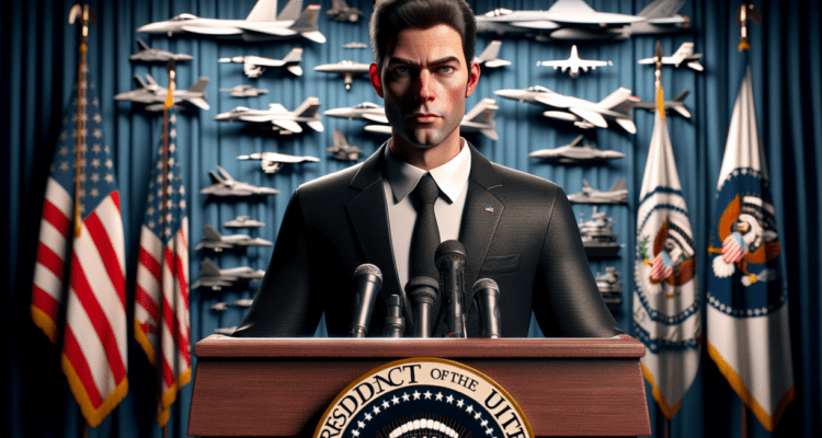 "alt_text": "Ilustrasi ketegangan AS-Iran, Trump dengan tangan di tombol nuklir simbolis."