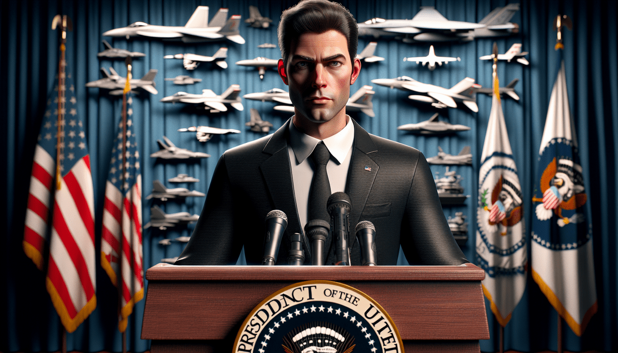 "alt_text": "Ilustrasi ketegangan AS-Iran, Trump dengan tangan di tombol nuklir simbolis."