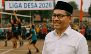 alt_text: Pertandingan voli meriah di Liga Desa 2026, Garut; semangat kebersamaan dan harapan terpancar.