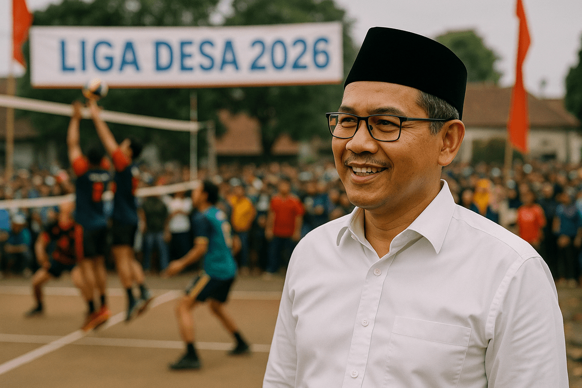 alt_text: Pertandingan voli meriah di Liga Desa 2026, Garut; semangat kebersamaan dan harapan terpancar.