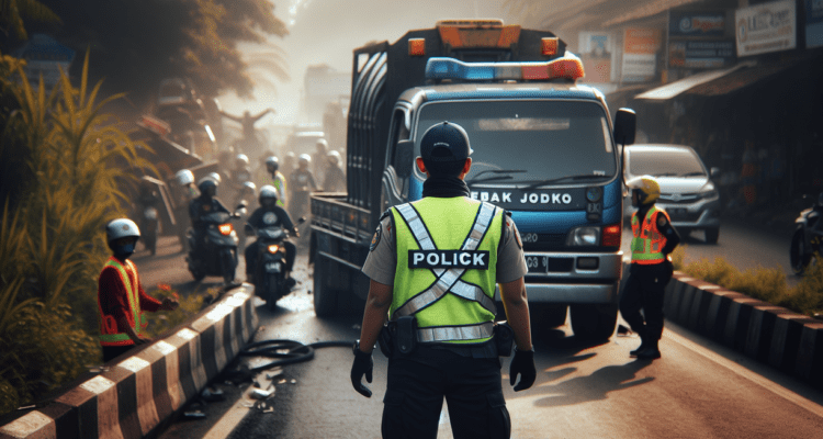 alt_text: Jalan macet di Kadungora akibat satu truk mengalami patah as, mengganggu arus lalu lintas.