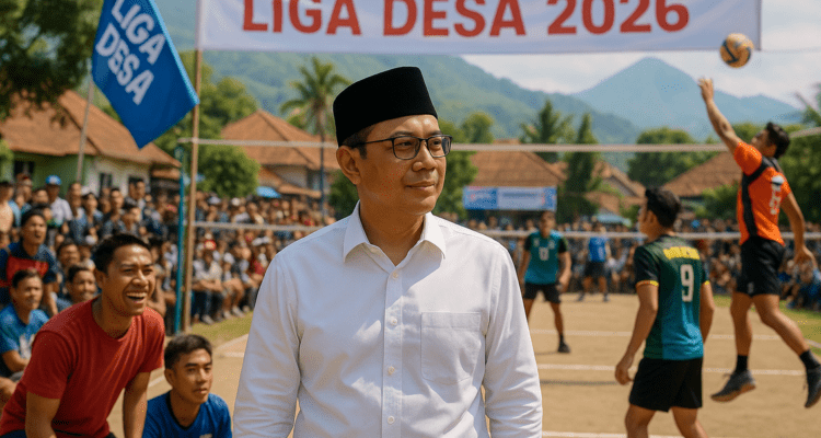 alt_text: Pemuda desa bersemangat bertanding voli di Liga Desa 2026 Garut, mengobarkan semangat persatuan.