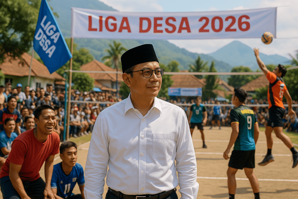 alt_text: Pemuda desa bersemangat bertanding voli di Liga Desa 2026 Garut, mengobarkan semangat persatuan.
