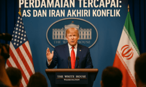 alt_text: Gambar peta dengan simbol perdamaian antara AS dan Iran, menunjukkan upaya dialog diplomatik.