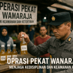 alt_text: Petugas memeriksa botol miras ilegal dalam patroli di Wanaraja untuk keamanan lingkungan.