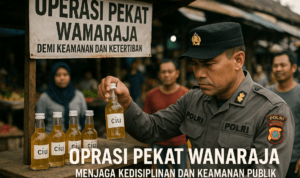 alt_text: Petugas memeriksa botol miras ilegal dalam patroli di Wanaraja untuk keamanan lingkungan.