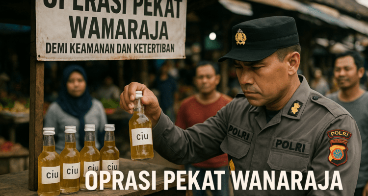 alt_text: Petugas memeriksa botol miras ilegal dalam patroli di Wanaraja untuk keamanan lingkungan.