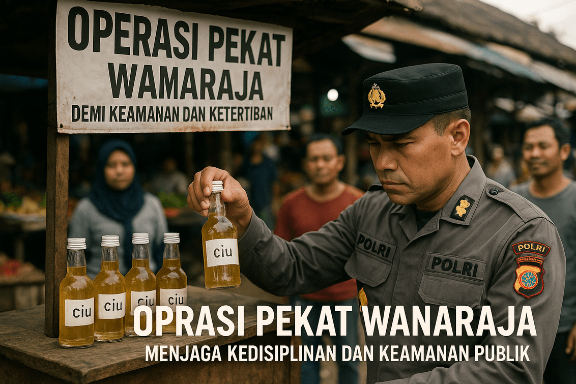alt_text: Petugas memeriksa botol miras ilegal dalam patroli di Wanaraja untuk keamanan lingkungan.