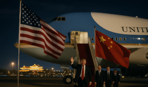 alt_text: Trump berbicara di acara diplomasi yang mencakup topik Beijing, Iran, dan ketegangan di Taiwan.