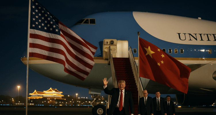 alt_text: Trump berbicara di acara diplomasi yang mencakup topik Beijing, Iran, dan ketegangan di Taiwan.