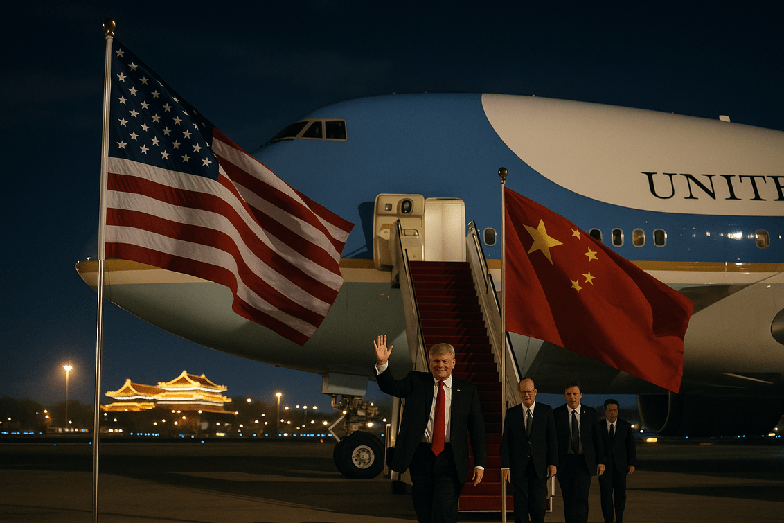 alt_text: Trump berbicara di acara diplomasi yang mencakup topik Beijing, Iran, dan ketegangan di Taiwan.
