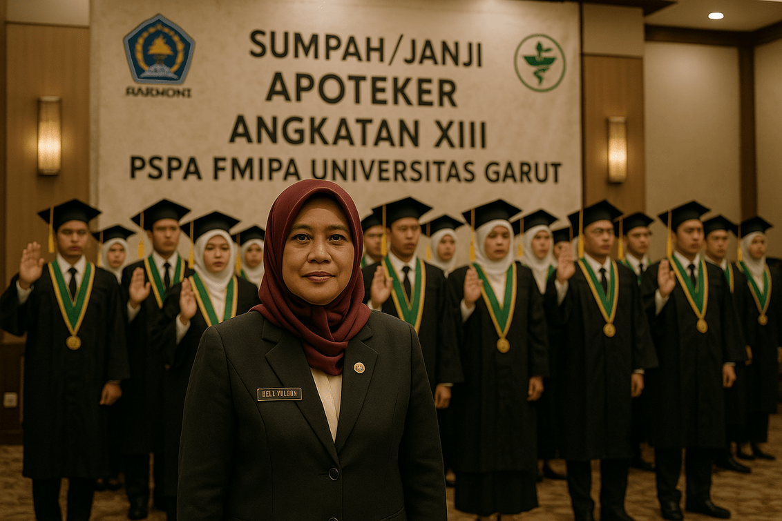 alt_text: Upacara pelantikan 41 apoteker baru di Uniga, berharap berkontribusi positif bagi Garut.
