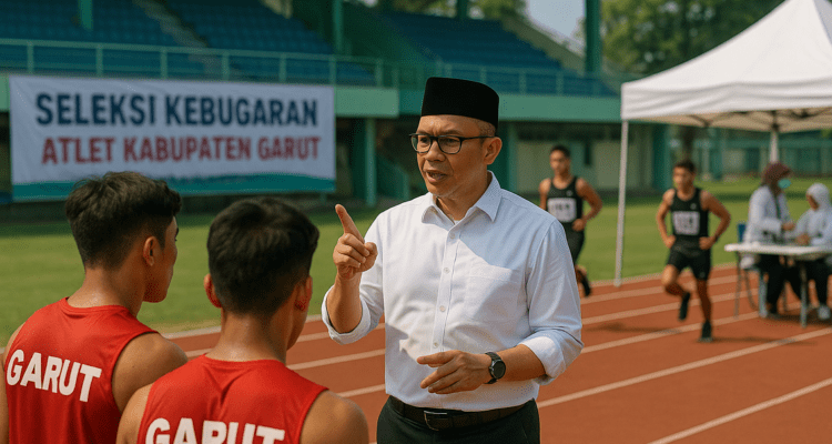 alt_text: Bupati Garut mengumumkan standar kebugaran baru untuk atlet Porprov dalam acara resmi.