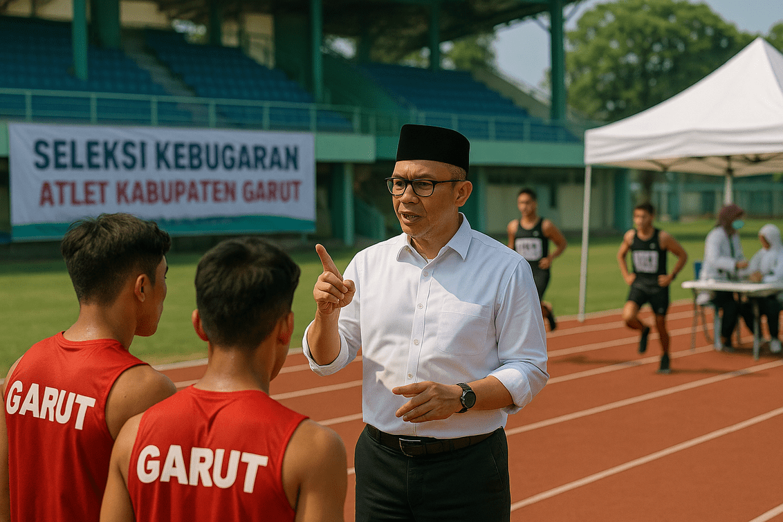 alt_text: Bupati Garut mengumumkan standar kebugaran baru untuk atlet Porprov dalam acara resmi.