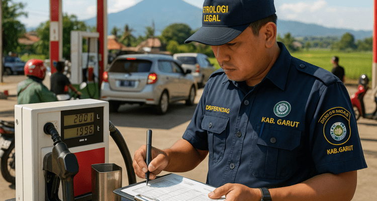 alt_text: Petugas Disperindag ESDM Garut memeriksa akurasi takaran BBM di stasiun pengisian.