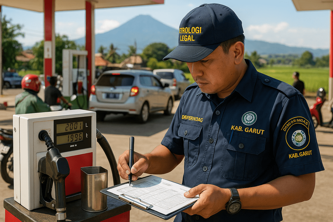 alt_text: Petugas Disperindag ESDM Garut memeriksa akurasi takaran BBM di stasiun pengisian.