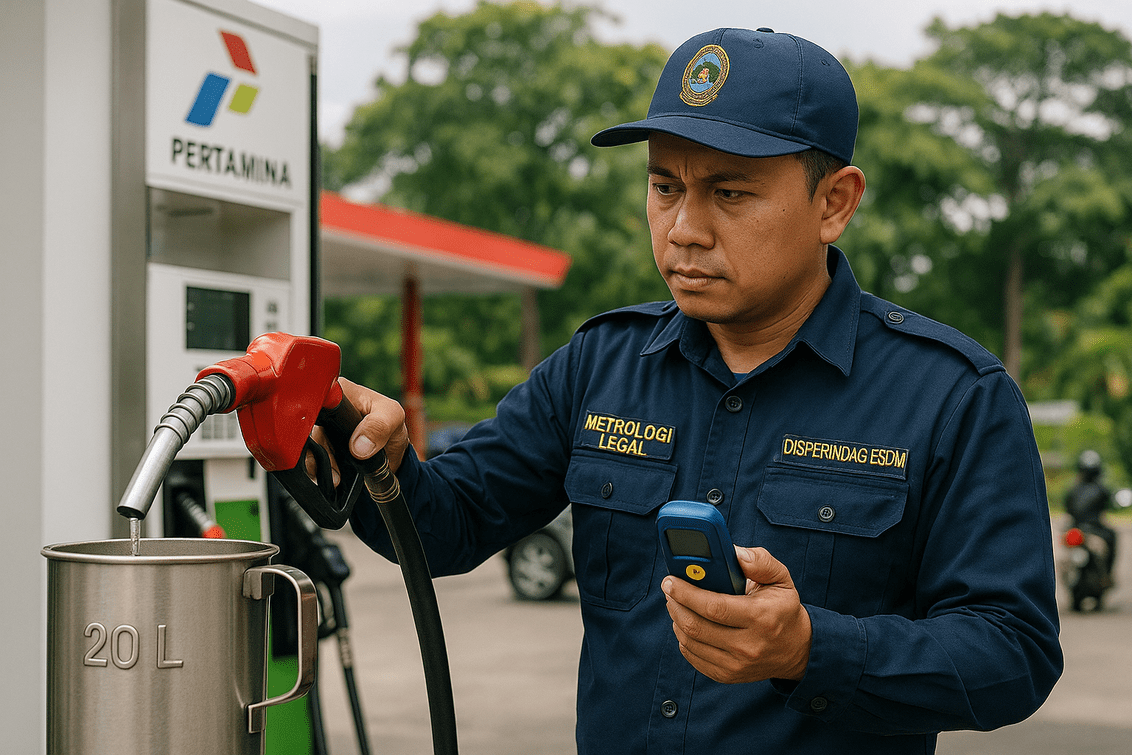 alt_text: Petugas Disperindag ESDM Garut memeriksa kejujuran takaran BBM di SPBU.
