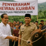 alt_text: Hewan kurban Presiden diserahkan, warga Sindangsari berseri-seri menerima dengan penuh syukur.