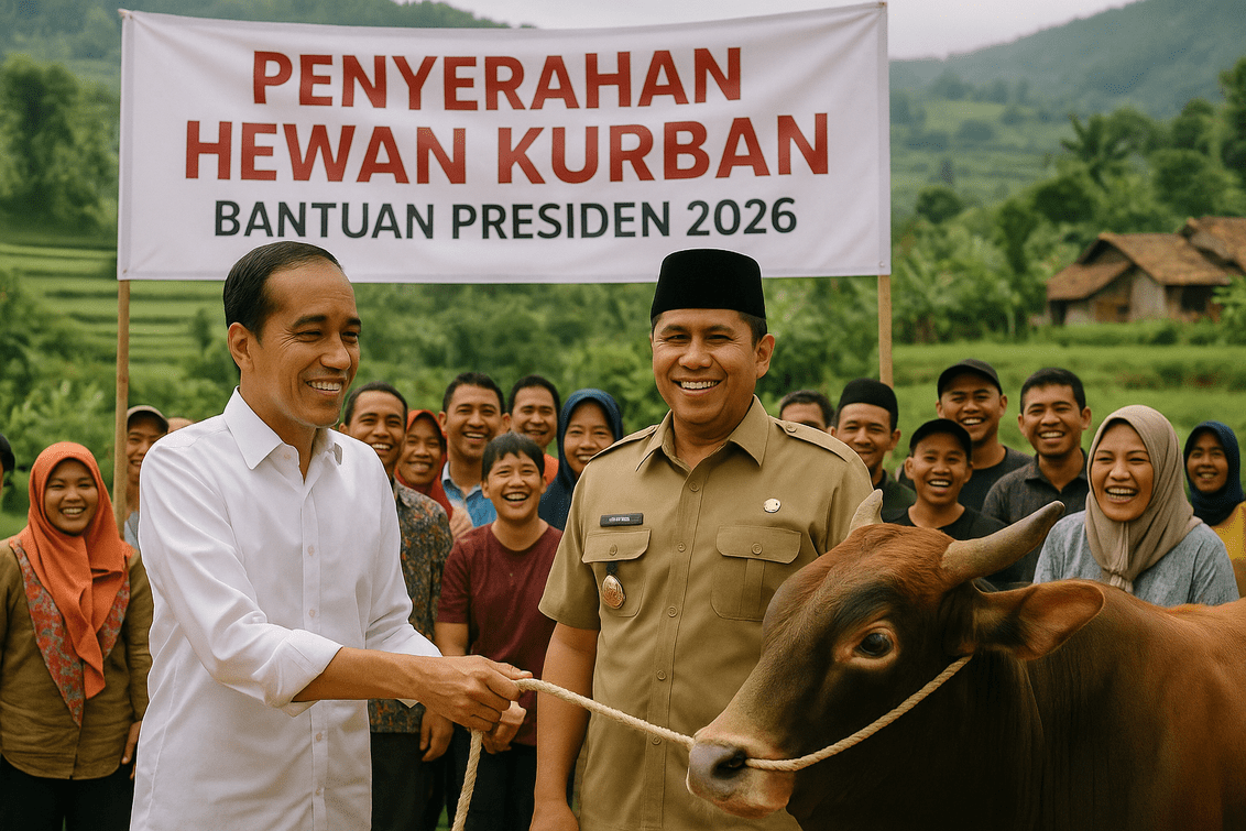 alt_text: Hewan kurban Presiden diserahkan, warga Sindangsari berseri-seri menerima dengan penuh syukur.