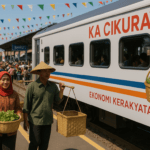 alt_text: KA Cikuray, jalur ekspres baru dari Garut, meluncur cepat dengan latar pemandangan indah.